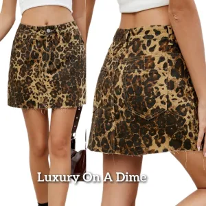 Leopard Denim Jean Mini Skirt Classic Pocket Animal Print Retro Raw Frayed Hem