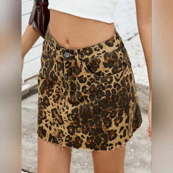 Leopard Denim Jean Mini Skirt Classic Pocket Animal Print Retro Raw Frayed Hem