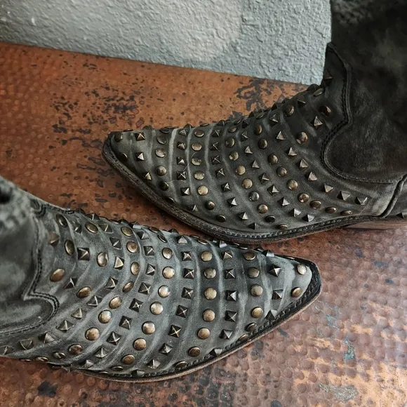 Liberty Black Low Boot with Zipper &amp; Black Studs Moto Biker Cowgirl Grunge