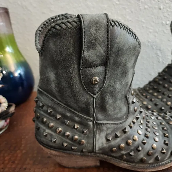 Liberty Black Low Boot with Zipper &amp; Black Studs Moto Biker Cowgirl Grunge