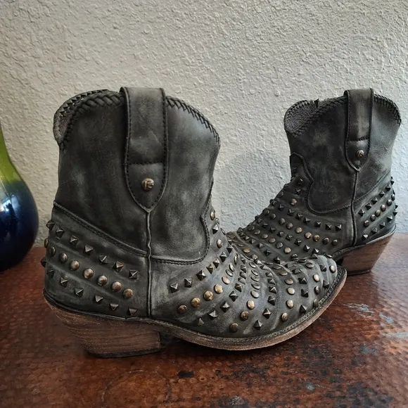 Liberty Black Low Boot with Zipper &amp; Black Studs Moto Biker Cowgirl Grunge