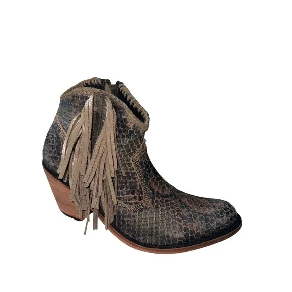 Liberty Black Python Verde Fringe Bootie - Size 9 - Western Boho Ankle‎ Boots
