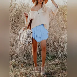 Light Blue Cowgirl Style Lace Trim Ruffled Skirt