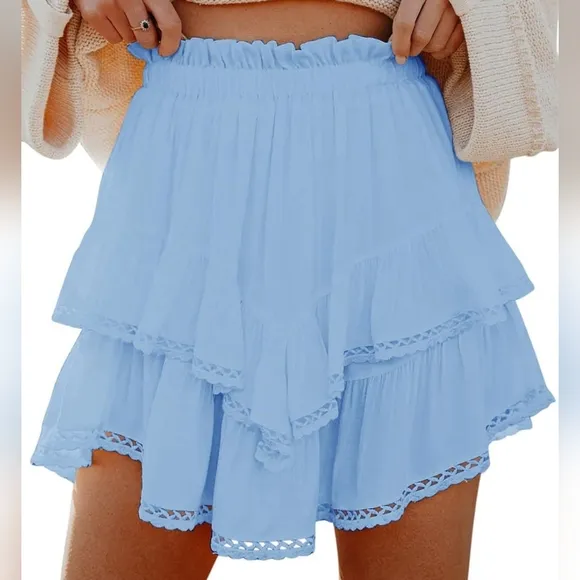 Light Blue Cowgirl Style Lace Trim Ruffled Skirt