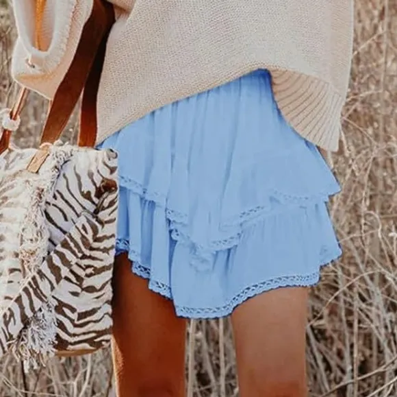 Light Blue Cowgirl Style Lace Trim Ruffled Skirt