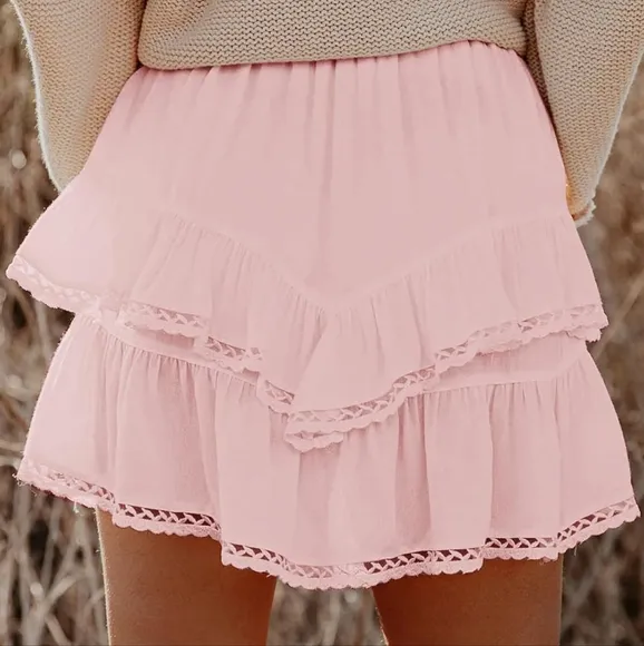 Light Pink Cream Cowgirl Style Lace Trim Ruffled Skirt
