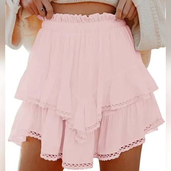 Light Pink Cream Cowgirl Style Lace Trim Ruffled Skirt