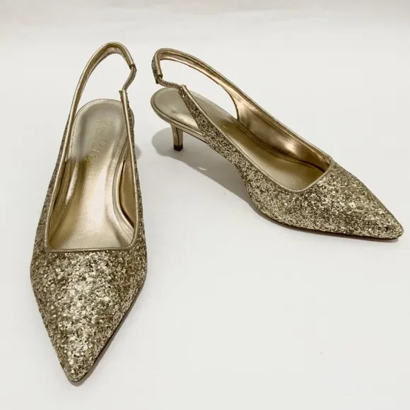Lilly Pulitzer Shaina Slingback Gold Glitter Pump Pointed Toe Kitten Heel Shoe 6