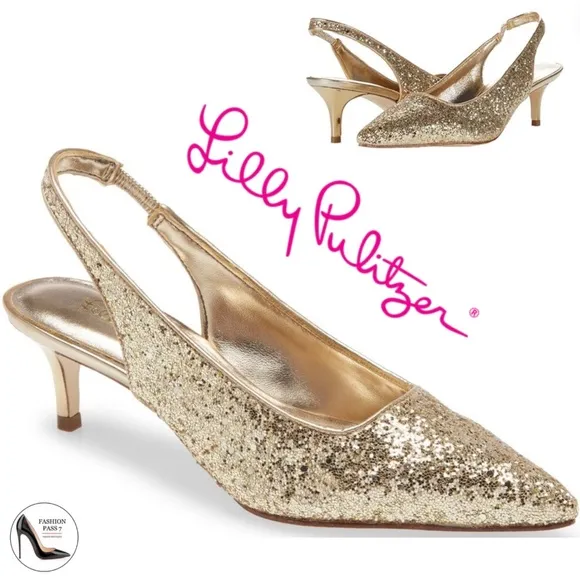 Lilly Pulitzer Shaina Slingback Gold Glitter Pump Pointed Toe Kitten Heel Shoe 6