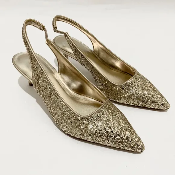 Lilly Pulitzer Shaina Slingback Gold Glitter Pump Pointed Toe Kitten Heel Shoe 6