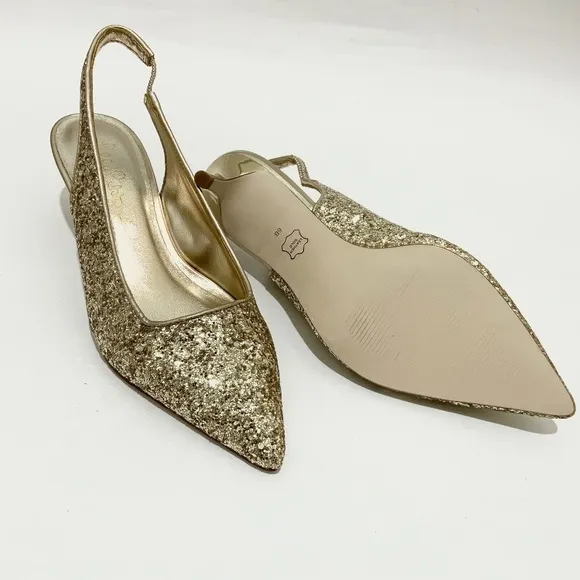 Lilly Pulitzer Shaina Slingback Gold Glitter Pump Pointed Toe Kitten Heel Shoe 6