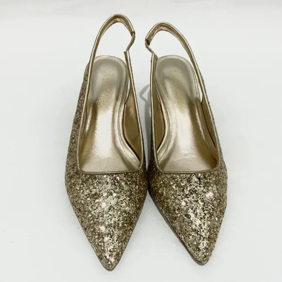 Lilly Pulitzer Shaina Slingback Gold Glitter Pump Pointed Toe Kitten Heel Shoe 6