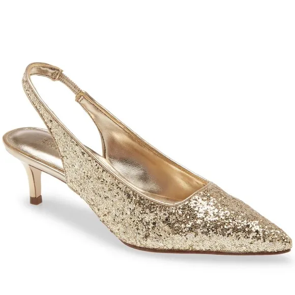 Lilly Pulitzer Shaina Slingback Gold Glitter Pump Pointed Toe Kitten Heel Shoe 6
