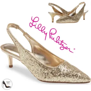 Lilly Pulitzer Shaina Slingback Gold Glitter Pump Pointed Toe Kitten Heel Shoe 6