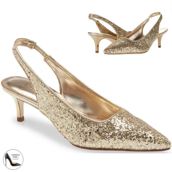 Lilly Pulitzer Shaina Slingback Gold Glitter Pump Pointed Toe Kitten Heel Shoe 6