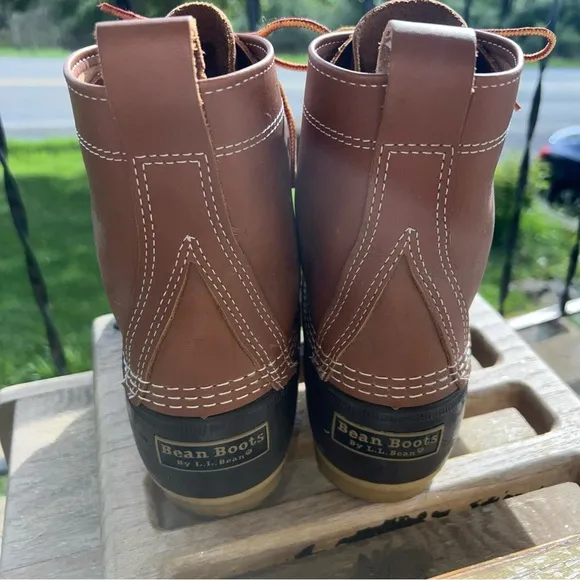 LL Bean Men’s 9M Duck Boots Tan Leather Brown Rubber 6 Eye Maine USA 8 Inch