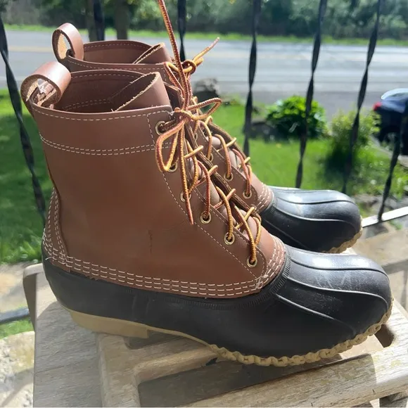 LL Bean Men’s 9M Duck Boots Tan Leather Brown Rubber 6 Eye Maine USA 8 Inch