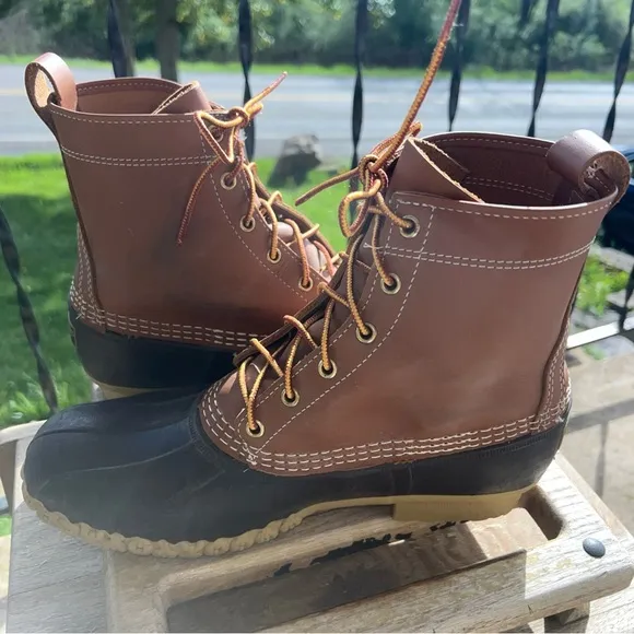 LL Bean Men’s 9M Duck Boots Tan Leather Brown Rubber 6 Eye Maine USA 8 Inch