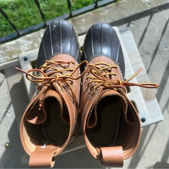 LL Bean Men’s 9M Duck Boots Tan Leather Brown Rubber 6 Eye Maine USA 8 Inch