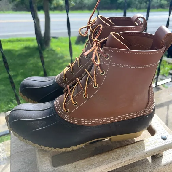 LL Bean Men’s 9M Duck Boots Tan Leather Brown Rubber 6 Eye Maine USA 8 Inch