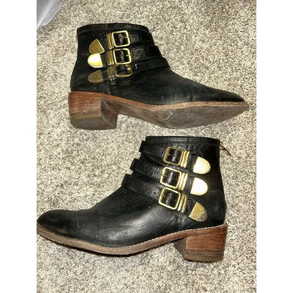 Loeffler Randall 7.5B Fenton Ankle Boots Black Leather Gold Buckles Zipper