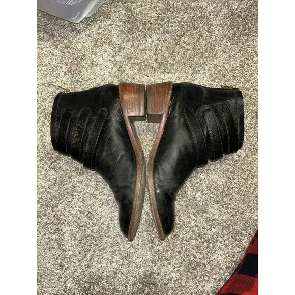 Loeffler Randall 7.5B Fenton Ankle Boots Black Leather Gold Buckles Zipper