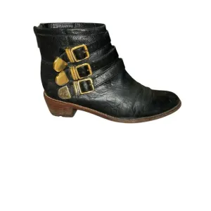 Loeffler Randall 7.5B Fenton Ankle Boots Black Leather Gold Buckles Zipper