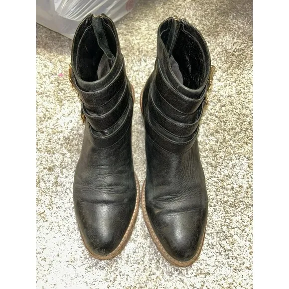 Loeffler Randall 7.5B Fenton Ankle Boots Black Leather Gold Buckles Zipper