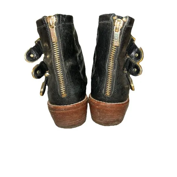 Loeffler Randall 7.5B Fenton Ankle Boots Black Leather Gold Buckles Zipper