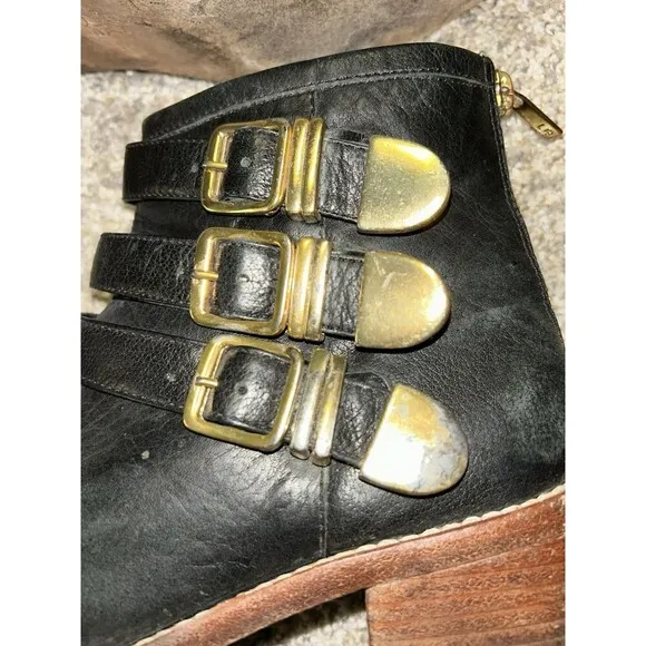 Loeffler Randall 7.5B Fenton Ankle Boots Black Leather Gold Buckles Zipper