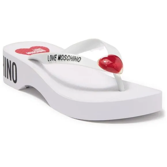 Love Moschino Eva Red Heart Logo White Platform Flip-Flop Thong Sandal