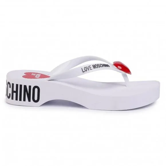 Love Moschino Eva Red Heart Logo White Platform Flip-Flop Thong Sandal