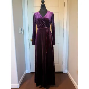 Lulu's Aubergine Velvet Textured Long Sleeve Maxi Wrap Dress (Small/Medium)
