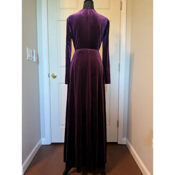 Lulu's Aubergine Velvet Textured Long Sleeve Maxi Wrap Dress (Small/Medium)