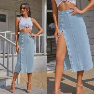 Luna Buttoned Denim Skirt - Light Wash