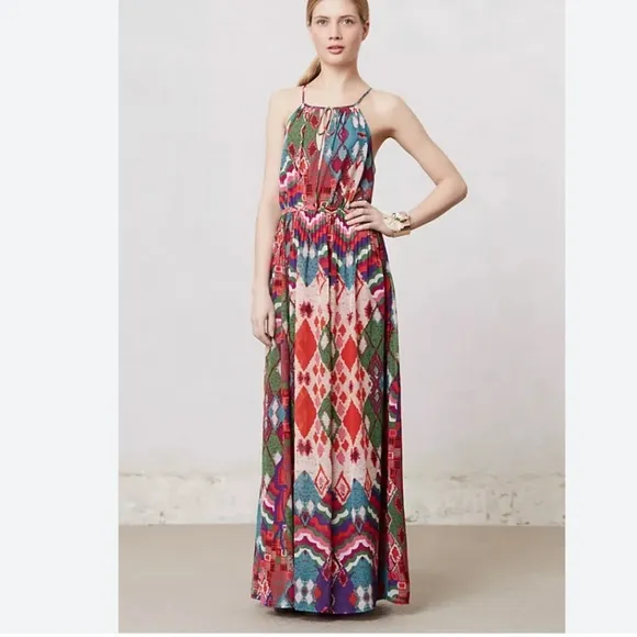 Maeve by Anthropologie Boho Tarana Aztec Printed Halter Maxi Dress Size 6 EUC