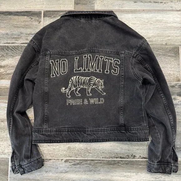 Mango MNG Faded Black Boxy Nonstretch Cropped Denim Jean Jacket XS Embroidered