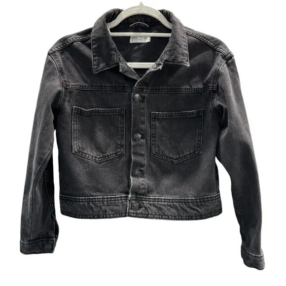 Mango MNG Faded Black Boxy Nonstretch Cropped Denim Jean Jacket XS Embroidered
