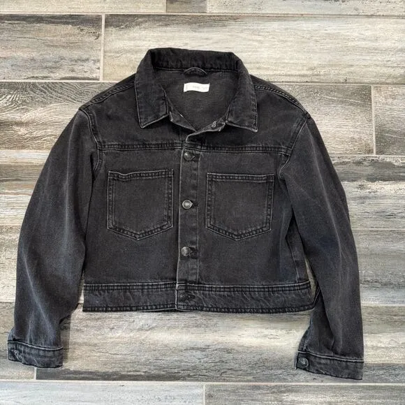 Mango MNG Faded Black Boxy Nonstretch Cropped Denim Jean Jacket XS Embroidered