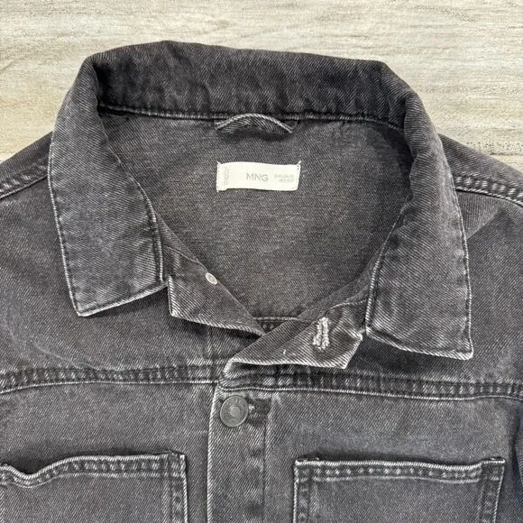 Mango MNG Faded Black Boxy Nonstretch Cropped Denim Jean Jacket XS Embroidered