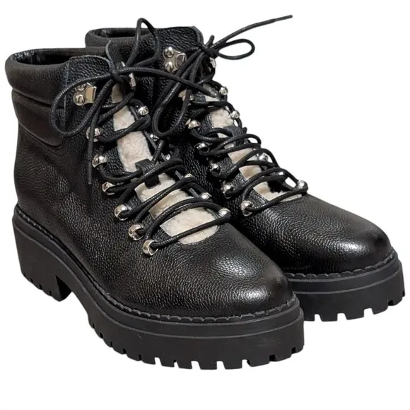 Marc Fisher black leather boot size 10M hiking lug sole faux shearling Nairy