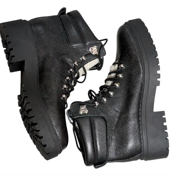 Marc Fisher black leather boot size 10M hiking lug sole faux shearling Nairy