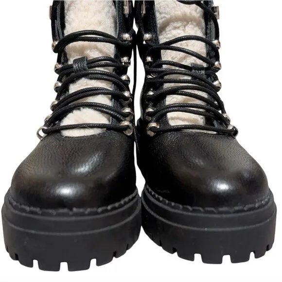 Marc Fisher black leather boot size 10M hiking lug sole faux shearling Nairy