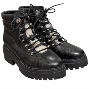 Marc Fisher black leather boot size 10M hiking lug sole faux shearling Nairy