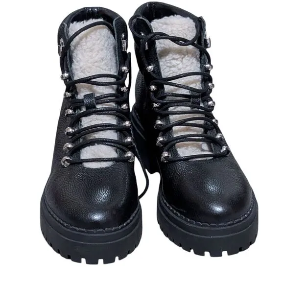 Marc Fisher black leather boot size 10M hiking lug sole faux shearling Nairy