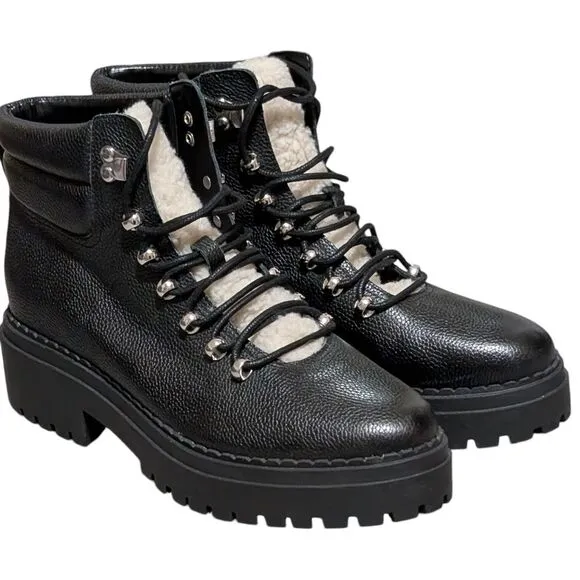 Marc Fisher black leather boot size 10M hiking lug sole faux shearling Nairy