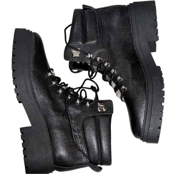 Marc Fisher black leather boot size 10M hiking lug sole faux shearling Nairy