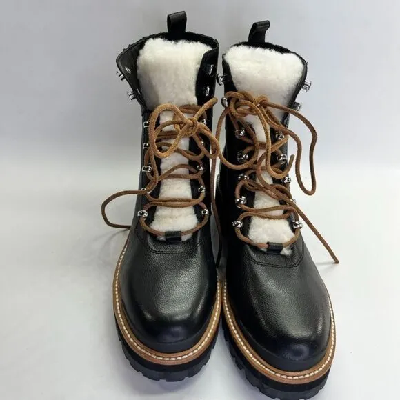 Marc Fisher LTD  Izzie Shearling-Lined Leather Work Boots SIze 9.5 M Black
