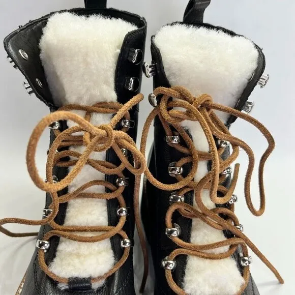 Marc Fisher LTD  Izzie Shearling-Lined Leather Work Boots SIze 9.5 M Black