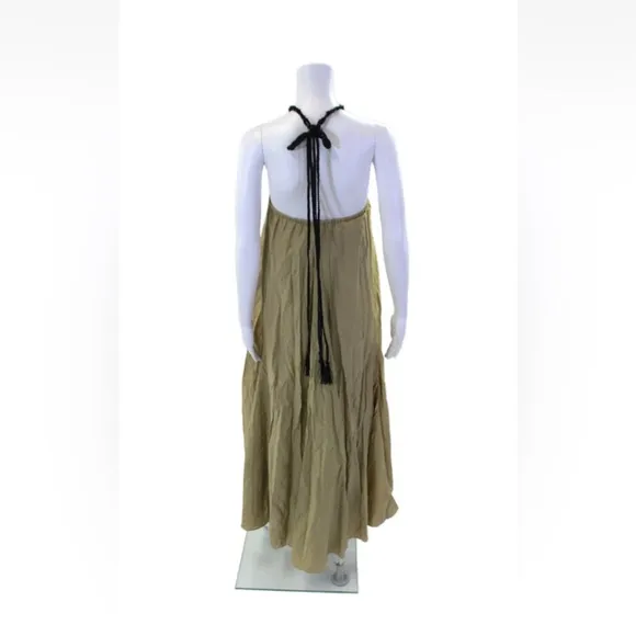 Maria Cher cotton silk neck leather strap braid khaki Halter Maxi Dress M